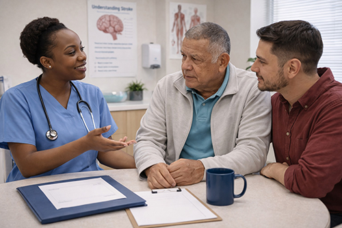 BlogPost nurse in blue scrubs speaks with an elderly stroke patient 500px