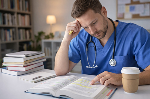 Male nurse in scrubs studying medical textbook at desk with notes, highlighter, and coffee during exam preparation
