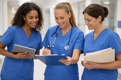 BlogPost Three nurses in blue scrubs collaborating 500px